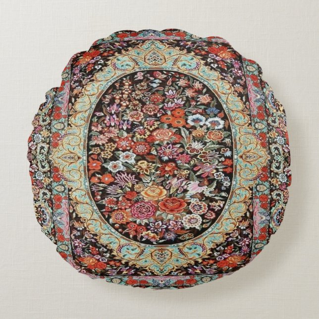 Perzische Turkse Bloemen Rug Print Rond Kussen (Voorkant)