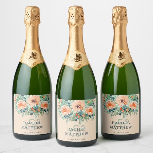 Perzische Waterverf Floral Wedding Sparkling Wijnetiket (Flessen)