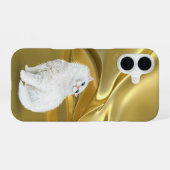 Perzische witte kat op gouden satijn iPhone 16 hoesje (Achterkant horizontaal)