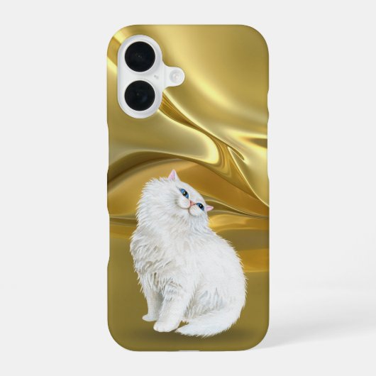 Perzische witte kat op gouden satijn iPhone 16 hoesje (Achterkant)
