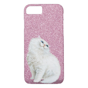 Perzische witte kat op roze glitter Case-Mate iPhone case