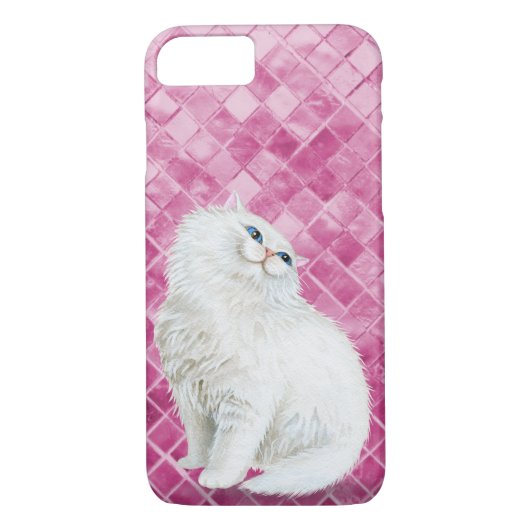Perzische witte kat op roze grijze tegel Case-Mate iPhone case (Achterkant)