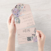 Perzons Blauw en Paarse Boho Floral Peach QR-code All In One Uitnodiging (Afscheurbaar)