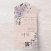 Perzons Blauw en Paarse Boho Floral Peach QR-code All In One Uitnodiging (Binnen)