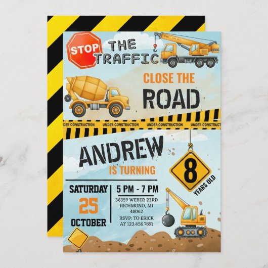 Pesonal Modern Construction Birthday Extravaganza Kaart (Voorkant / Achterkant)