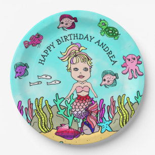 Pesonalized Pink Paars Blonde Mermaid Birthday Papieren Bordje