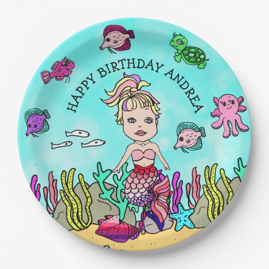 Pesonalized Pink Paars Blonde Mermaid Birthday Papieren Bordje (Voorkant)