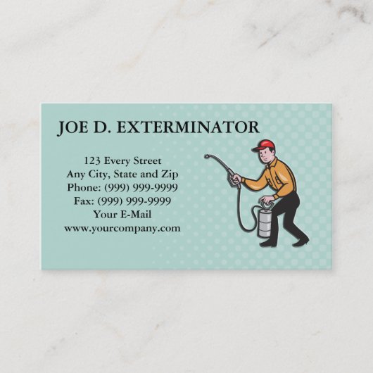 Pest Control Exterminator Worker Spraing Cartoon Visitekaartje (Voorkant)