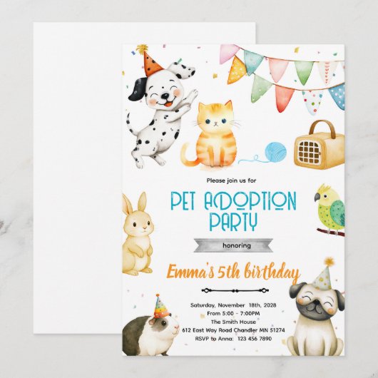 Pet Adoption Party Invitation Kaart (Voorkant / Achterkant)