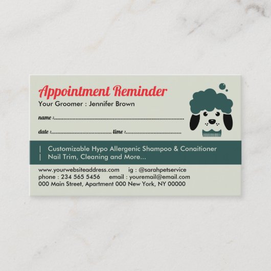 Pet Bath Spa Salon Appointment Remind Dog Groomer Visitekaartje (Voorkant)