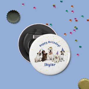 Pet Birthday Dog Celebration   Blauw Button Flesopener