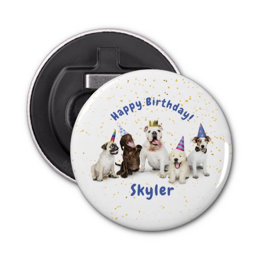 Pet Birthday Dog Celebration | Blauw Button Flesopener (Voorkant)