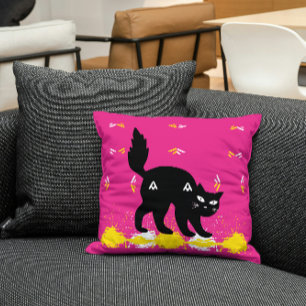 Pet Black Cat op roze wit geel Schattige modern Kussen