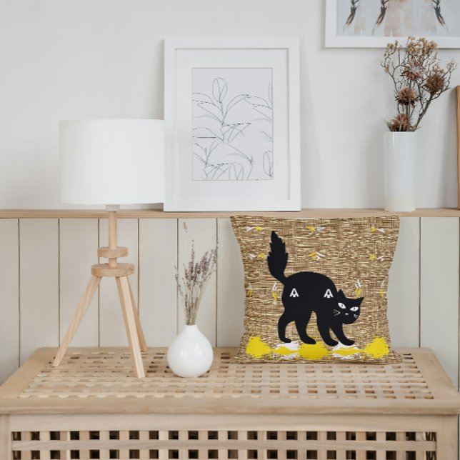 Pet Black Cat Op Wit Geel Schattige Modern Burlap Kussen (Creator heeft geüpload)