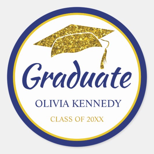 Pet Blauw en goudglitter Afstuderen Afstuderen Ronde Sticker (Voorkant)