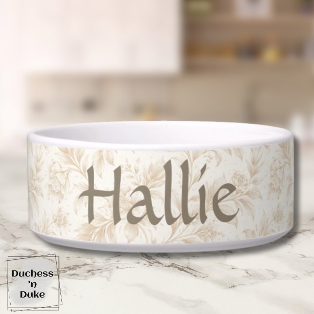 Pet Bowl - Ivory Botanical, Personalized  Voerbakje (Personalized Dog Bowl with ivory botanical design displayed on marble counter top)