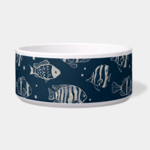 Pet Bowl met Schattigee Vis Schets op Donkerblauw.