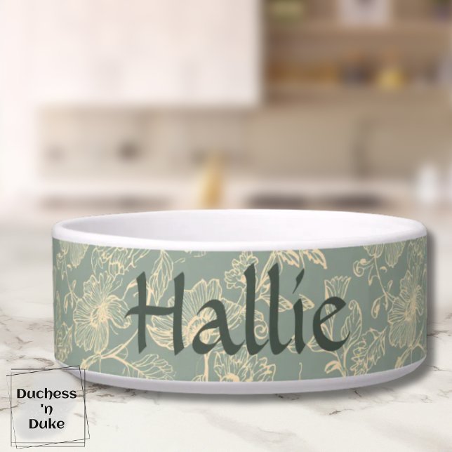 Pet Bowl - Sage Green Botanical, Personalized  Voerbakje (Personalized Sage Green Botanical Pet Bowl on marble table top)