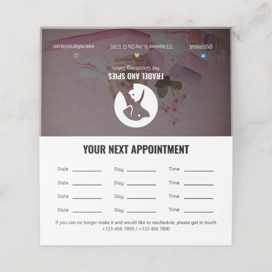 Pet Care Appointment Card with Logo & Cute Animal  Afsprakenkaart (Buitenkant ongevouwen)