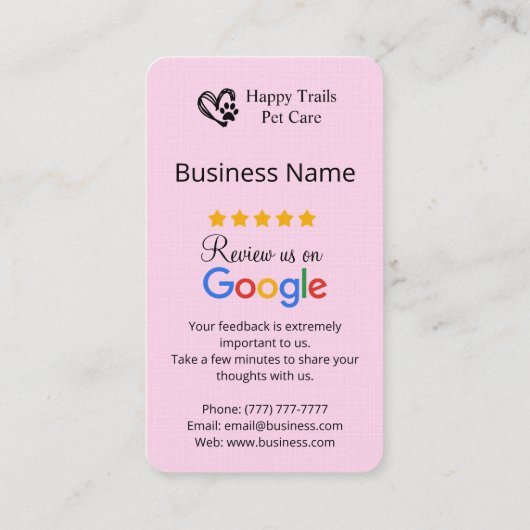 Pet Care Google Review Request Kaart met QR-code Visitekaartje (Achterkant)