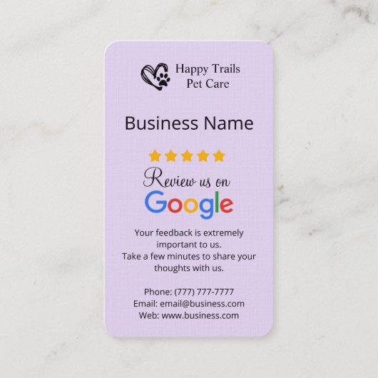 Pet Care Google Review Request Kaart met QR-code Visitekaartje (Achterkant)