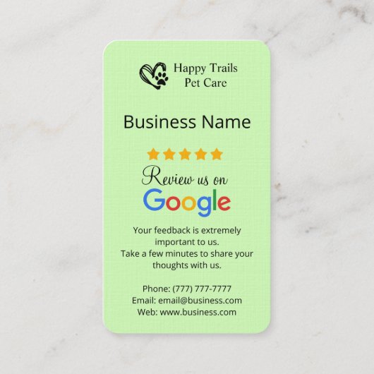 Pet Care Google Review Request Kaart met QR-code Visitekaartje (Achterkant)