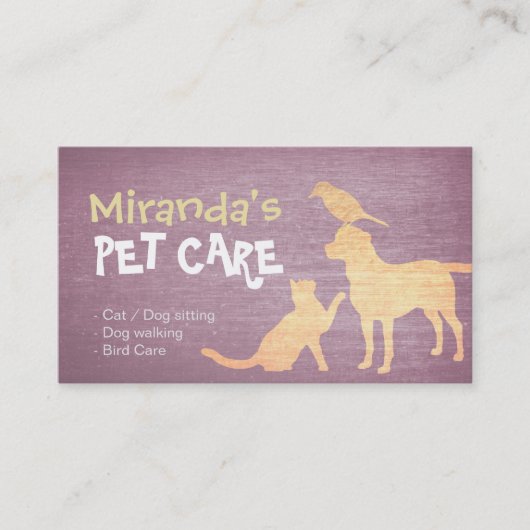 Pet Care Paars en Gold Dog Cat Bird Silhouettes Afsprakenkaartje (Voorkant)