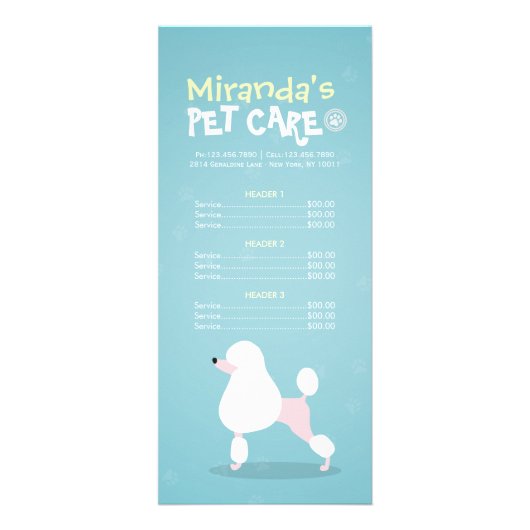 Pet Care Sitting Bathing Grooming Salon Price List Reclamekaart (Voorkant)