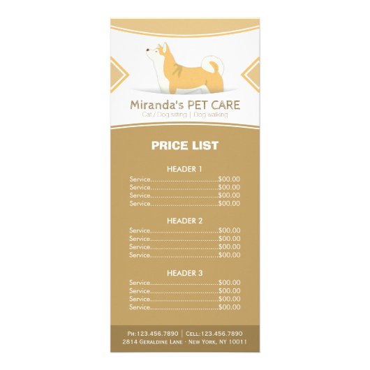 Pet Care Sitting Grooming Beauty Salon-prijslijst Reclamekaart (Voorkant)