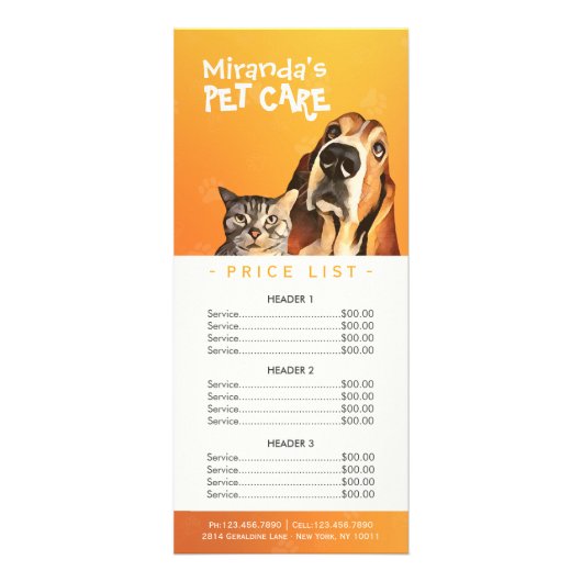 Pet Care Sitting Grooming Beauty Salon-prijslijst Reclamekaart (Voorkant)