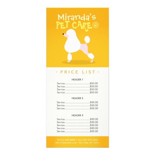 Pet Care Sitting Grooming Beauty Salon-prijslijst Reclamekaart (Voorkant)