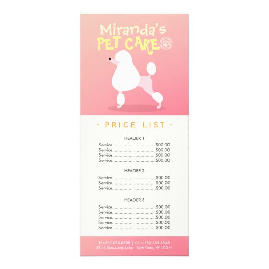 Pet Care Sitting Grooming Beauty Salon-prijslijst Reclamekaart (Voorkant)