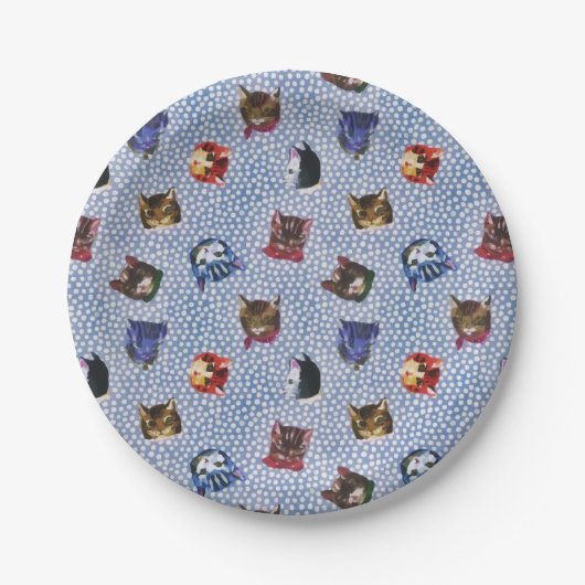 Pet Cat Blue Polka Dots Kitten Waterverf Papieren Bordje (Voorkant)