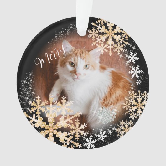 Pet Cat Christmas Zwart Goud Ornament (voorkant)
