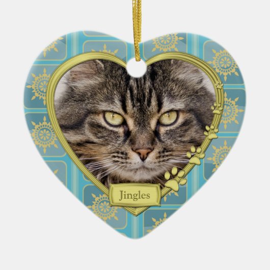 Pet Cat Memorial Blue Gold Heart Keramisch Ornament (Voorkant)