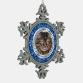 Pet Cat Memorial Foto Kerst Blauw Zilver Tin Sneeuwvlok Ornament (Links)