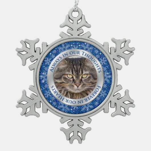 Pet Cat Memorial Foto Kerst Blauw Zilver Tin Sneeuwvlok Ornament (Voorkant)