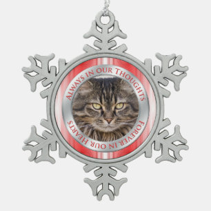 Pet Cat Memorial Foto Kerst Rood Zilver Wit Tin Sneeuwvlok Ornament