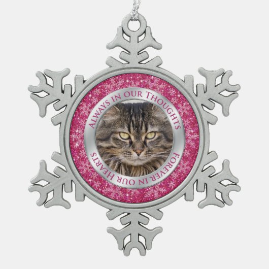 Pet Cat Memorial Foto Kerst Roze Zilver Tin Sneeuwvlok Ornament (Voorkant)