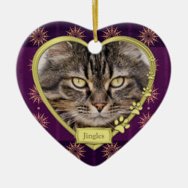Pet Cat Memorial Paarse Gouden Hart Foto Kerst Keramisch Ornament