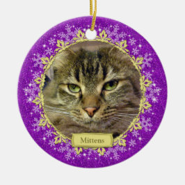 Pet Cat Memorial Paarse sneeuwvlok Foto Kerst Keramisch Ornament