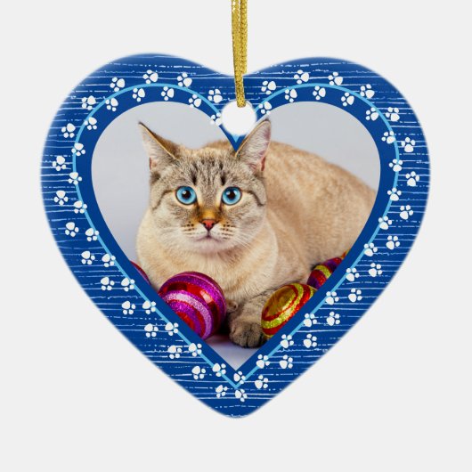 Pet Cat Memorial Paw Drukt Hart Kerstmis Keramisch Ornament (Voorkant)