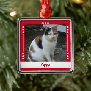 Pet Cat naam Foto Holiday rood wit Metalen Ornament