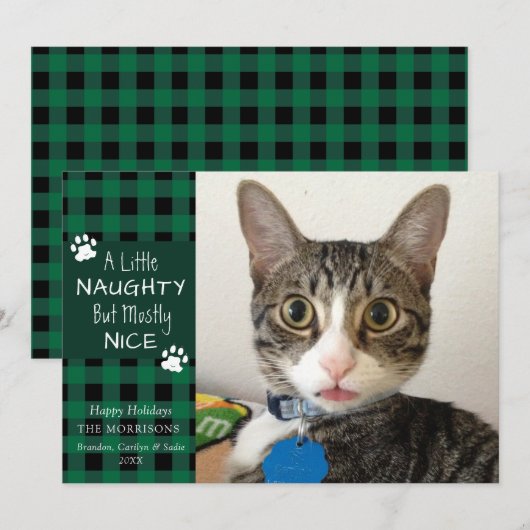 Pet Cat Naughty en Nice Green Black Pset Feestdagenkaart (Voorkant / Achterkant)