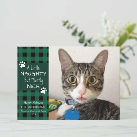 Pet Cat Naughty en Nice Green Black Pset Feestdagenkaart (Staand voorkant)