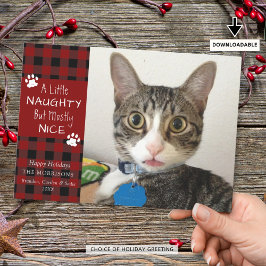 Pet Cat Naughty Nice Red Black Plaid Feestdagenkaart