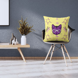 Pet Cat Paarse Wit en Zwart Modern Lichtgeel Kussen