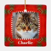 Pet Cat Photo Cute Red Green Kerstmis Keramisch Ornament (Achterkant)