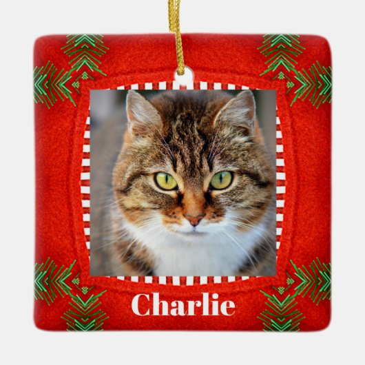 Pet Cat Photo Cute Red Green Kerstmis Keramisch Ornament (Voorkant)