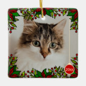 Pet Cat Poinsettia Year Ball Kerstversiering Keramisch Ornament (Voorkant)
